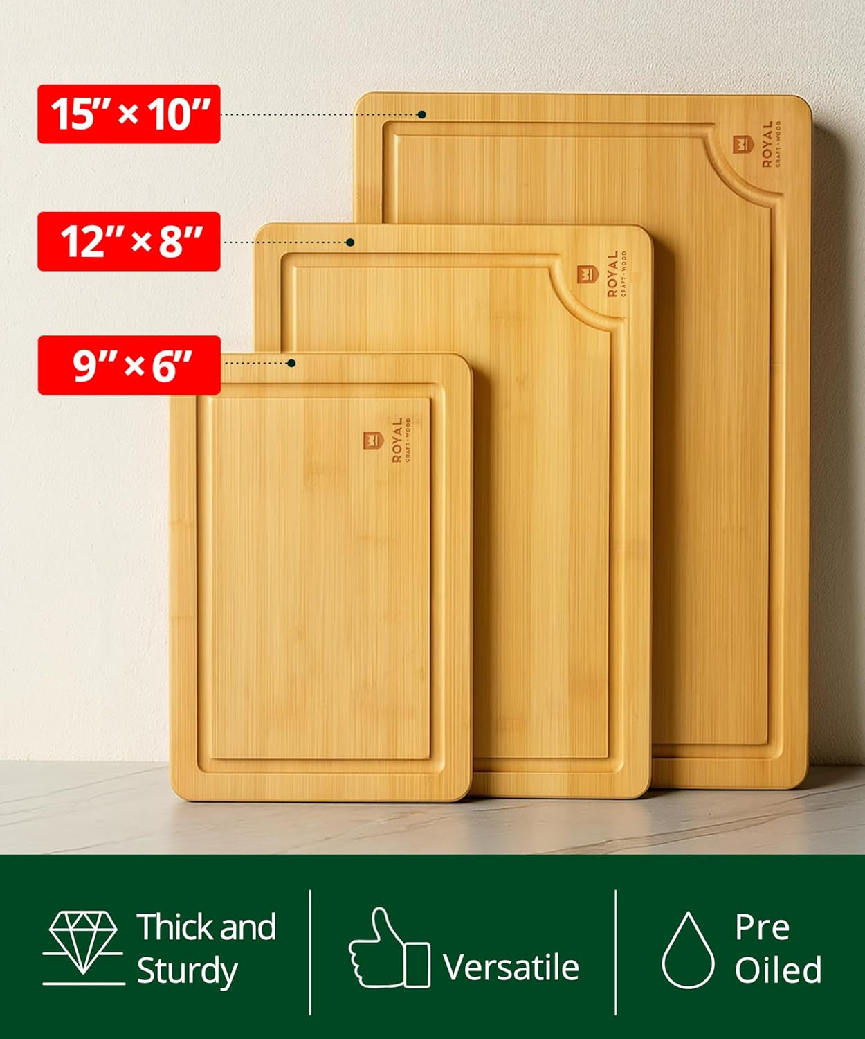 Bamboo Cutting Board Set with Juice Groove (3 Pieces) - Wood Cutting Boards for Kitchen, Wood Cutting Board Set, Kitchen Chopping Board for Meat (Butcher Block) Cheese and Vegetables