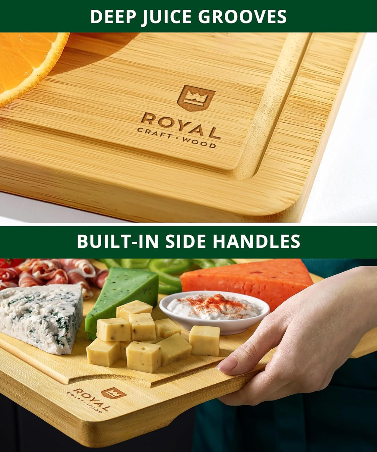 Bamboo Cutting Board Set with Juice Groove (3 Pieces) - Wood Cutting Boards for Kitchen, Wood Cutting Board Set, Kitchen Chopping Board for Meat (Butcher Block) Cheese and Vegetables