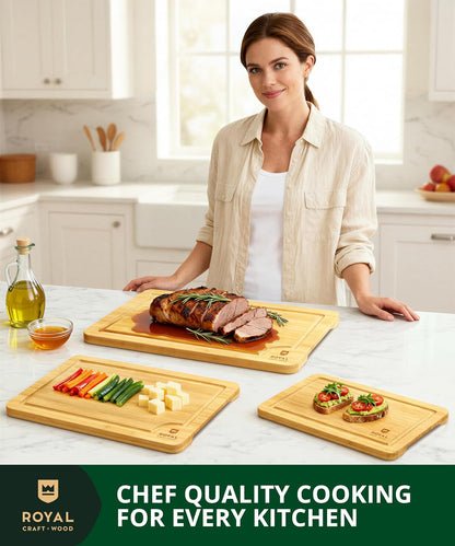 Bamboo Cutting Board Set with Juice Groove (3 Pieces) - Wood Cutting Boards for Kitchen, Wood Cutting Board Set, Kitchen Chopping Board for Meat (Butcher Block) Cheese and Vegetables